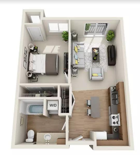 Floor plan for 1 bed, 1 bath, 683 sqft